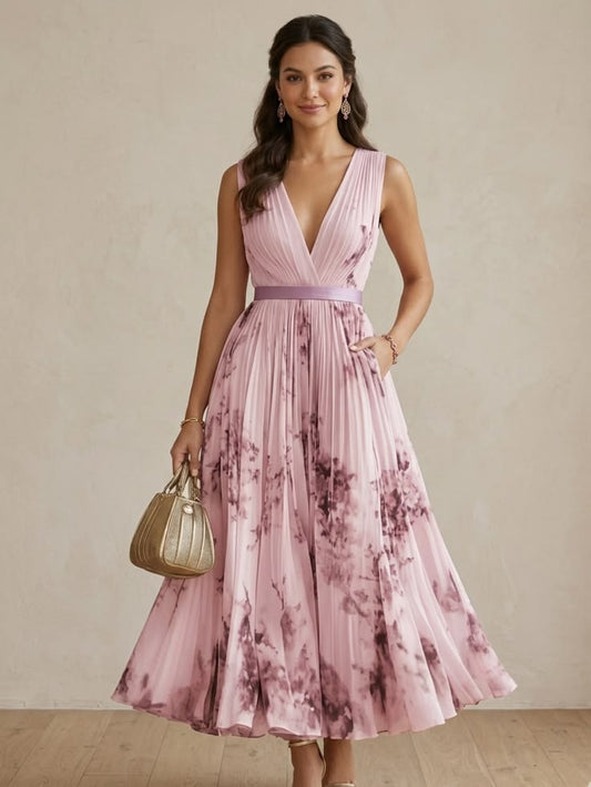 Women V Neck Sleeveless Draped Maxi Dress Vintage Floral Elegant A