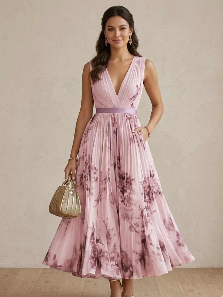 Women V Neck Sleeveless Draped Maxi Dress Vintage Floral Elegant A