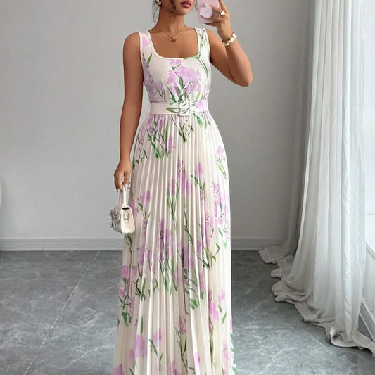 Multicolor Boho Women's Tulip Print Square Neck Cinched Waist Ruched