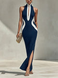 Women's Navy White Color Block Maxi Dress Bodycon Stand Collar Side
