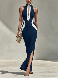 Women's Navy White Color Block Maxi Dress Bodycon Stand Collar Side