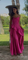 Sparkly Hot Pink V Neck Spaghetti Strap Pleatded A Line Long Prom