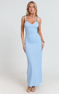 Gisele Maxi Dress Twist Straps V Neck Fitted Column Dress In Blue