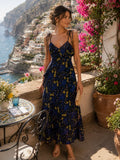 Dress Ruffle Trim Floral Long Maxi Dress Black Blue Yellow Floral 2 Xs