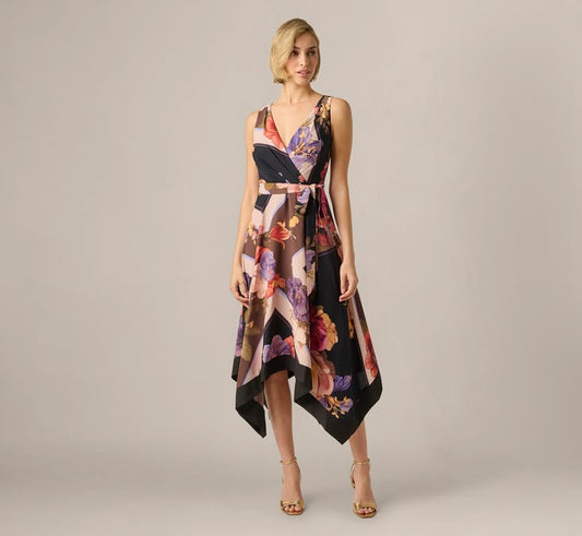 Floral Print Handkerchief Midi Dress In Black Multi Black Multi