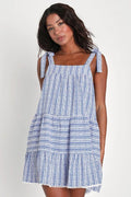 Chic In Santorini Blue And White Tie Strap Dress With Pockets