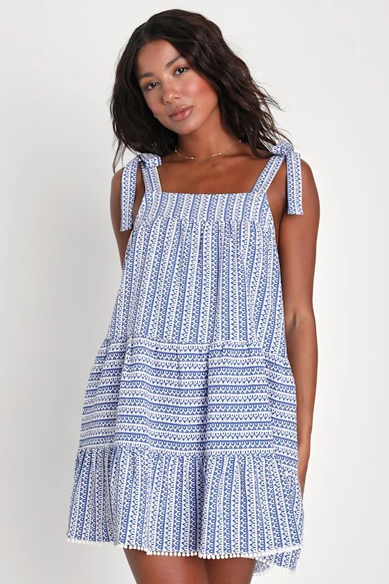 Chic In Santorini Blue And White Tie Strap Dress With Pockets