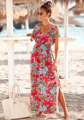 Red Floral Print Cold Shoulder Maxi Dress