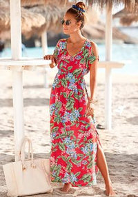 Red Floral Print Cold Shoulder Maxi Dress