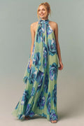 Rosie Mock Neck Pleated Chiffon Maxi Dress