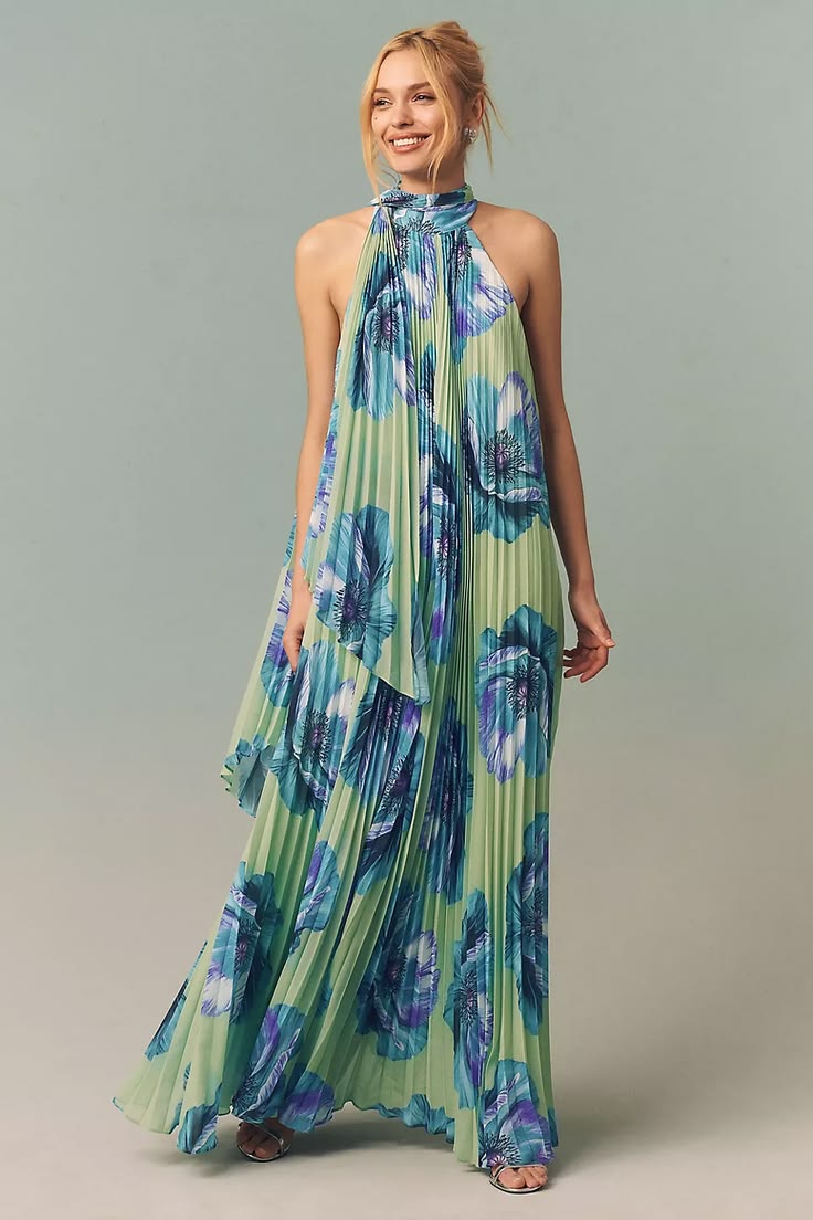 Rosie Mock Neck Pleated Chiffon Maxi Dress