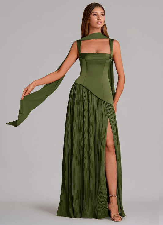 Azazie A-Line Square Neck Floor-Length Chiffon Bridesmaid Dresses - Olive