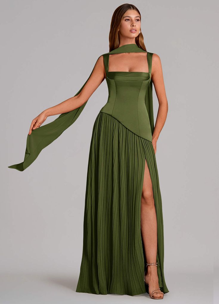 Azazie A-Line Square Neck Floor-Length Chiffon Bridesmaid Dresses - Olive