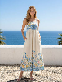 Bellambra Dress Cream Maxi Dress With Blue Floral Bodice And Hem