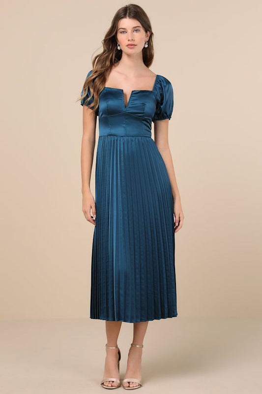 Flawless Forever Teal Satin Pleated Midi Dress