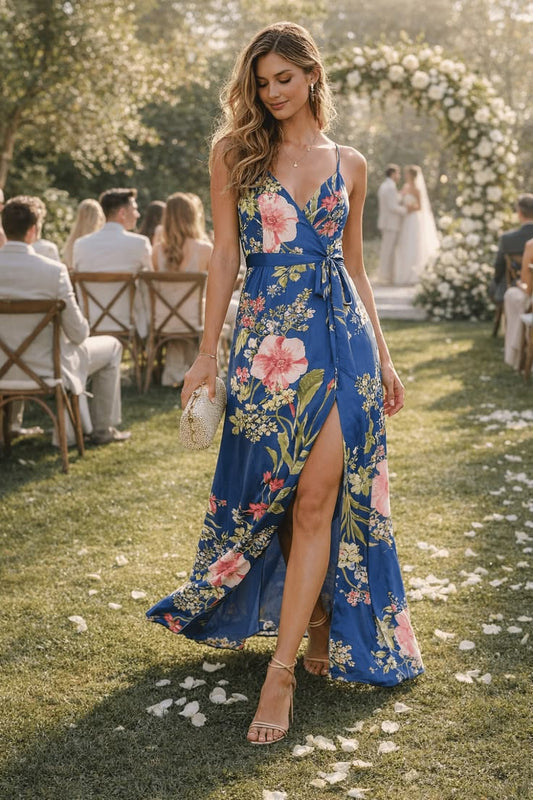 Chic blue floral maxi dress for warm weather garden and beach weddings