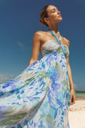 Aminah Blue Multi Floral Pleated Halter Midi Dress