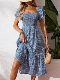 Floral Smocked Square Neck Midi Dress