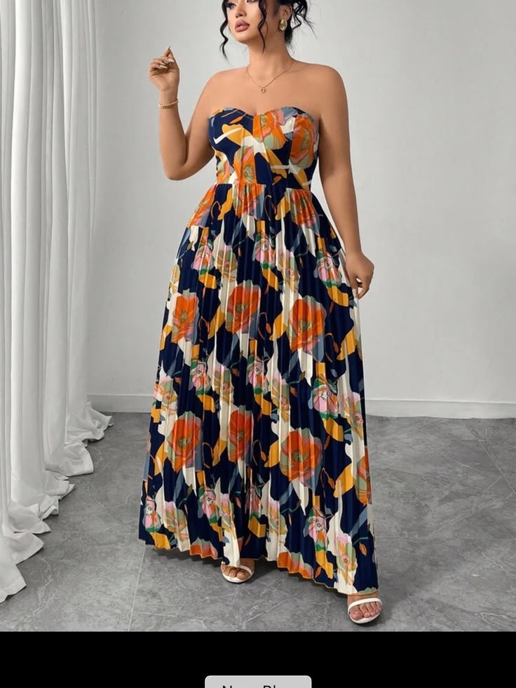 Dress Navy Strapless Pleated Floral Maxi Dress Color: Blue Orange