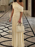 Beige One Shoulder Ruched Maxi Dress Beige