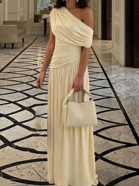 Beige One Shoulder Ruched Maxi Dress Beige