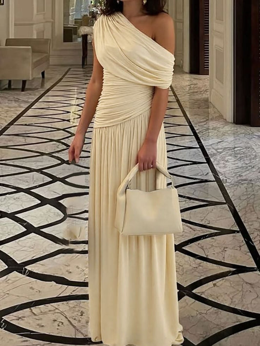 Beige One Shoulder Ruched Maxi Dress Beige