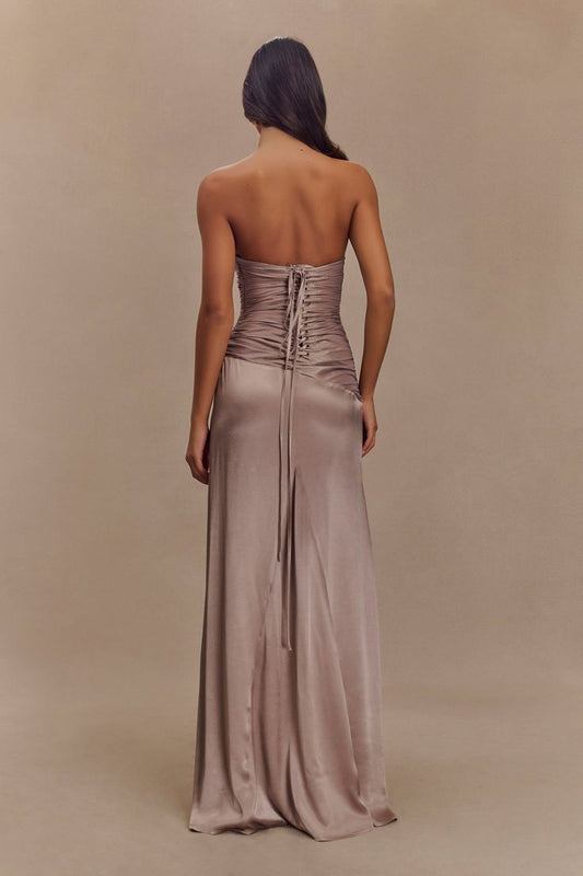 Serena Strapless Taffeta Maxi Dress Bronze Taupe