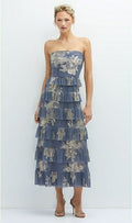Ruffle Tiered Skirt Metallic Pleated Strapless Midi Dress With Floral