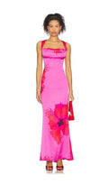 Good American Satin Lace Up Maxi Dress Pink Hibiscus002