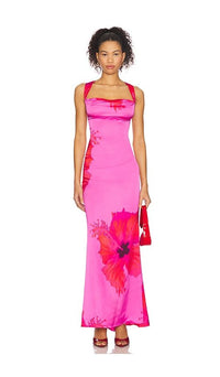 Good American Satin Lace Up Maxi Dress Pink Hibiscus002
