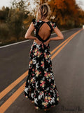 Neck Full-Length V Asymmetry Flowered Bohemia Backless Dress - S Black