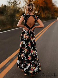 Neck Full-Length V Asymmetry Flowered Bohemia Backless Dress - S Black