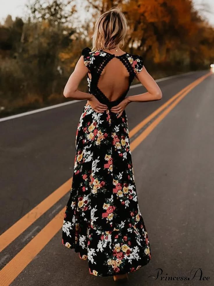 Neck Full-Length V Asymmetry Flowered Bohemia Backless Dress - S Black
