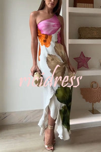 Love Filled Floral Print One Shoulder Side Ruffles Maxi Slip Dress
