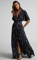 Erenza Maxi Dress Extended Sleeve Wrap Dress In Black Flower Field