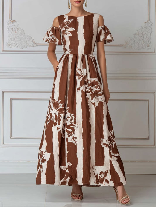 Earthy Striped Floral Print Cold Shoulder Maxi Dress Brown