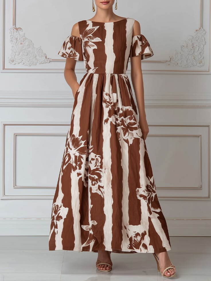 Earthy Striped Floral Print Cold Shoulder Maxi Dress Brown