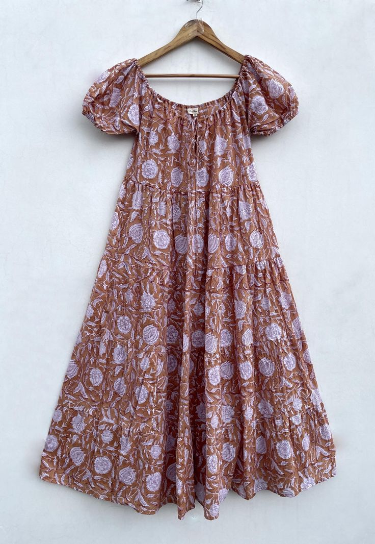 Women Wear Printed Maxi Dress Scoop Neckline With Cotton Ties Long