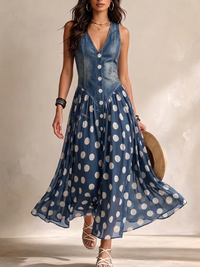 Maureen – Denim Polka Dot Midi Dress