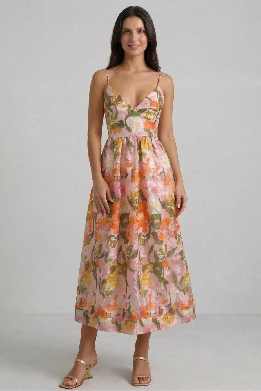 Everest Floral Midi Dress, Peach Multi