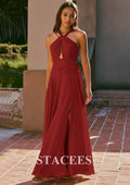 Boho A Line Pleated Halter Cutout Chiffon Floor Length Bridesmaid