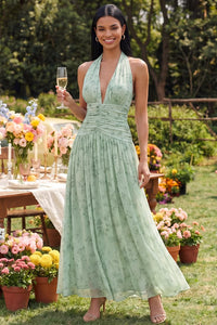 Halter Dusty Sage Floral A Line Maxi Kleid Dress