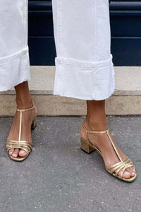 Freya – Metallic T-Bar Buckle Block Heel Sandals