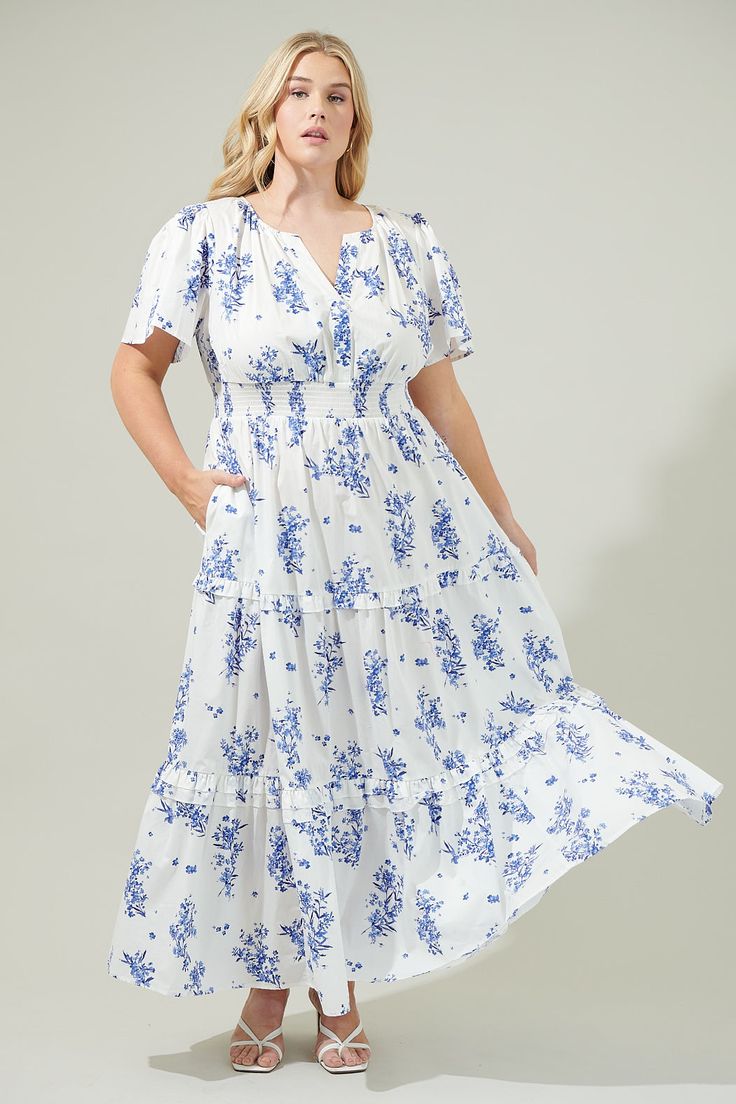 Bestia Floral Palmer Poplin Tiered Maxi Dress Curve - CREAM-BLUE / 1X