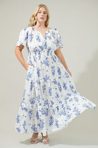 Bestia Floral Palmer Poplin Tiered Maxi Dress Curve Cream Blue