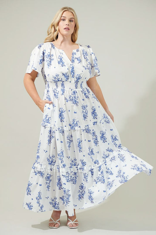 Bestia Floral Palmer Poplin Tiered Maxi Dress Curve Cream Blue