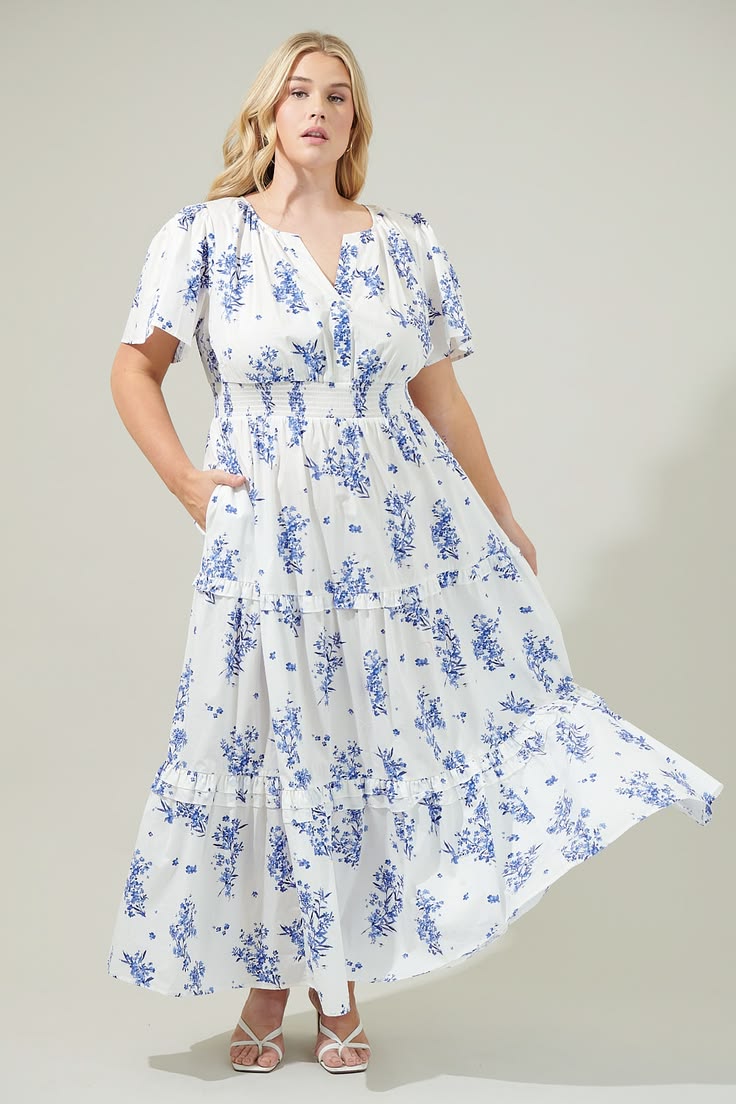Bestia Floral Palmer Poplin Tiered Maxi Dress Curve Cream Blue
