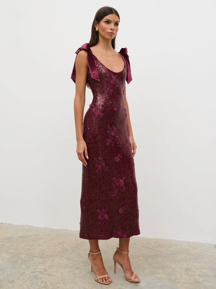 Romy Tie Sequin Midaxi Dress Wine Floral Sequin