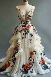 Vinatge Champagne Wedding Dress V Neck 3D Florals Tiered A Line Bridal