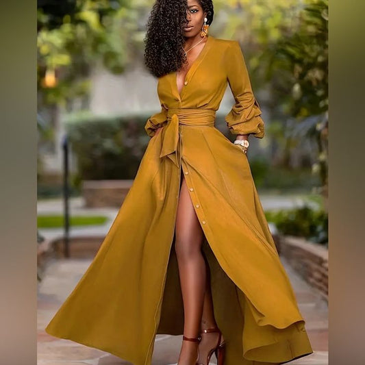 Passion Of Essence Dress Mustard Yellow Shirting Maxi Dress With Belt